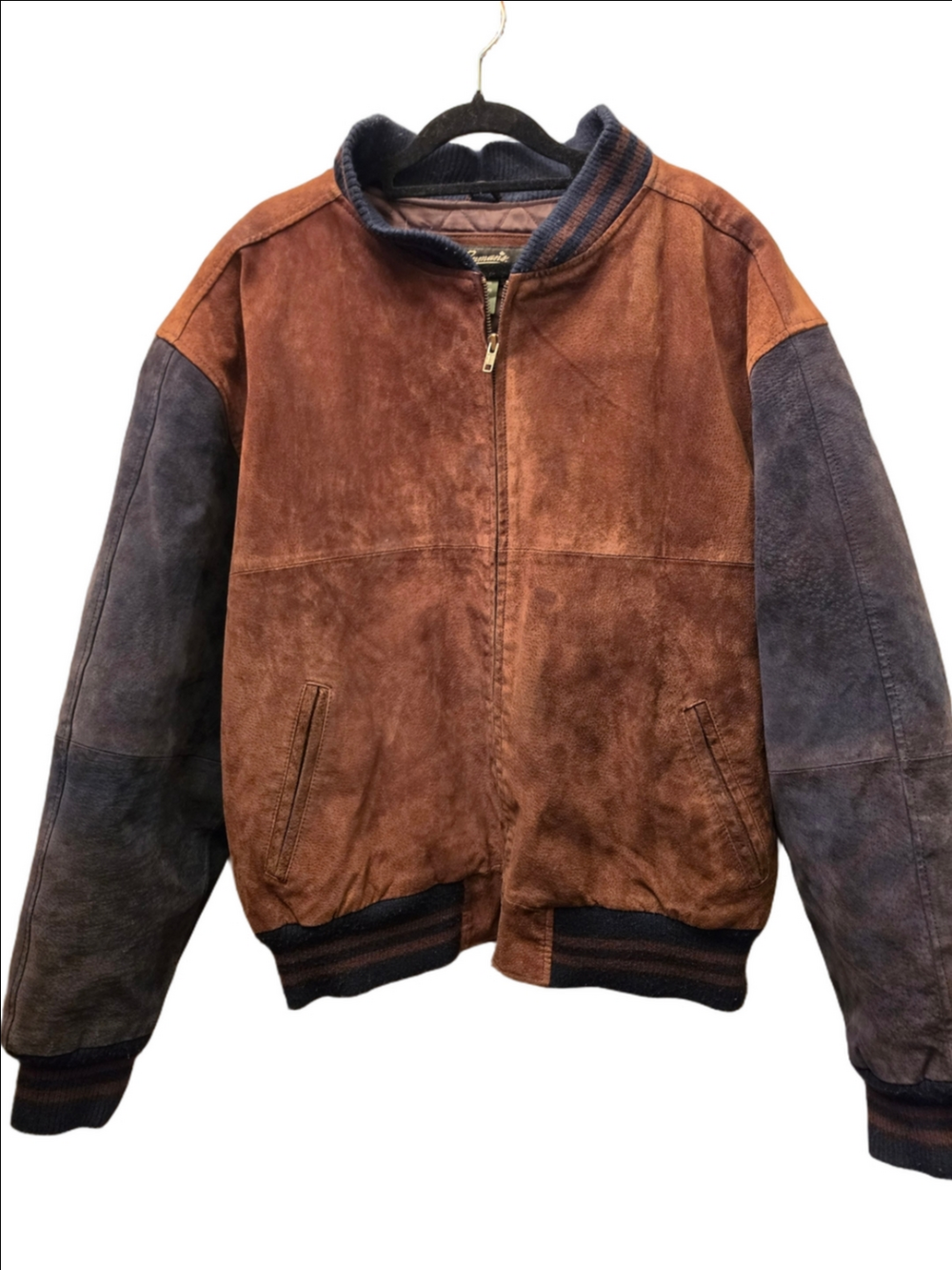 Vintage Brown Leather Suede Bomber Jacket Black Colorblock Varsity L